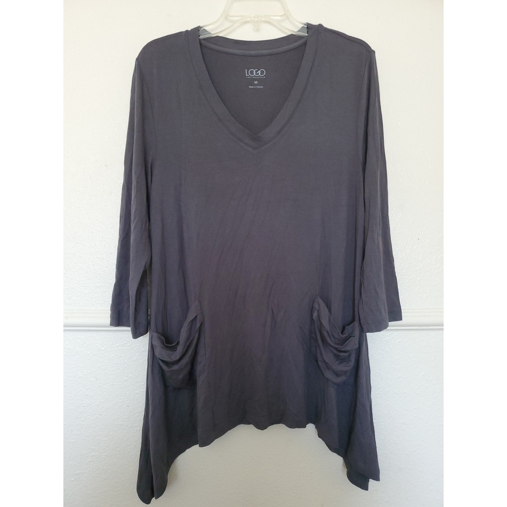 LOGO Lori Goldstein Gray V-Neck Tunic Sharkbite Hem Pocket Top Sz M